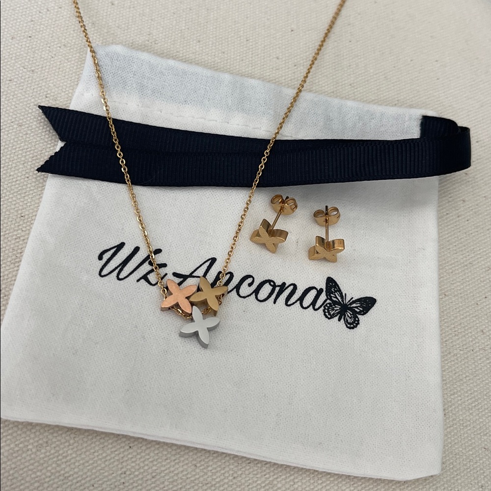 Set Gold, punk gold and silver Stars, Trio Pendant Necklace/Earrings